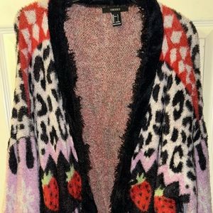 Forever 21 Mixed Print Longine Checker Strawberry Leopard Fringe Cardigan
